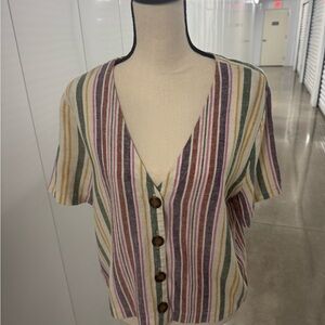 Striped V-Neck Button-Up Women's Top